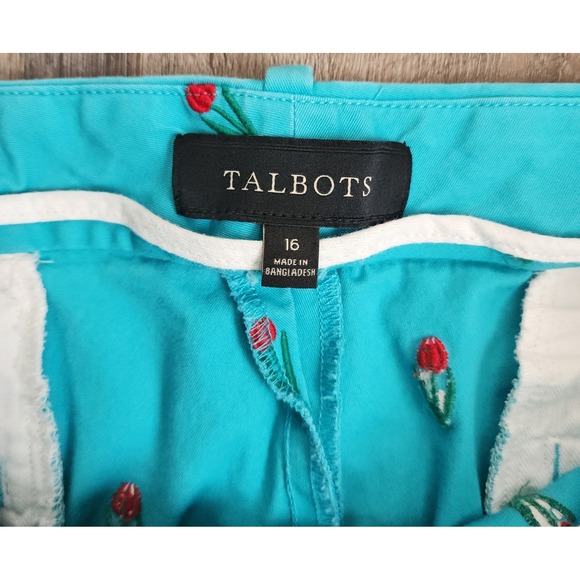 Talbots Embroidered Tulip Shorts Womens 16 Turquoise Blue Floral Cotton Chino - Picture 2 of 7